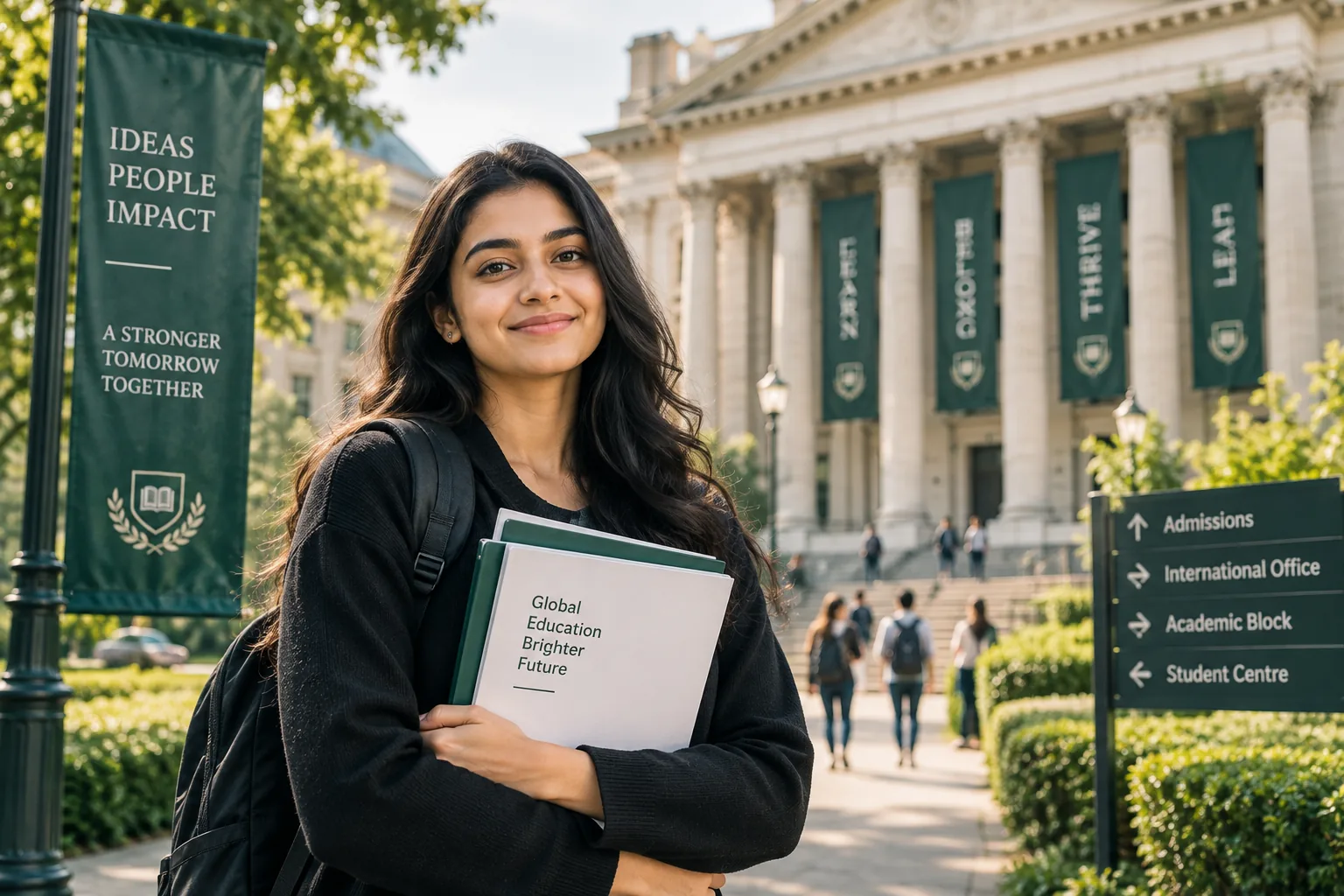 Female Indian student holding Global Education folder standing in front of university campus with Learn Grow Thrive Lead banners — BrightEduAid democratizing global education