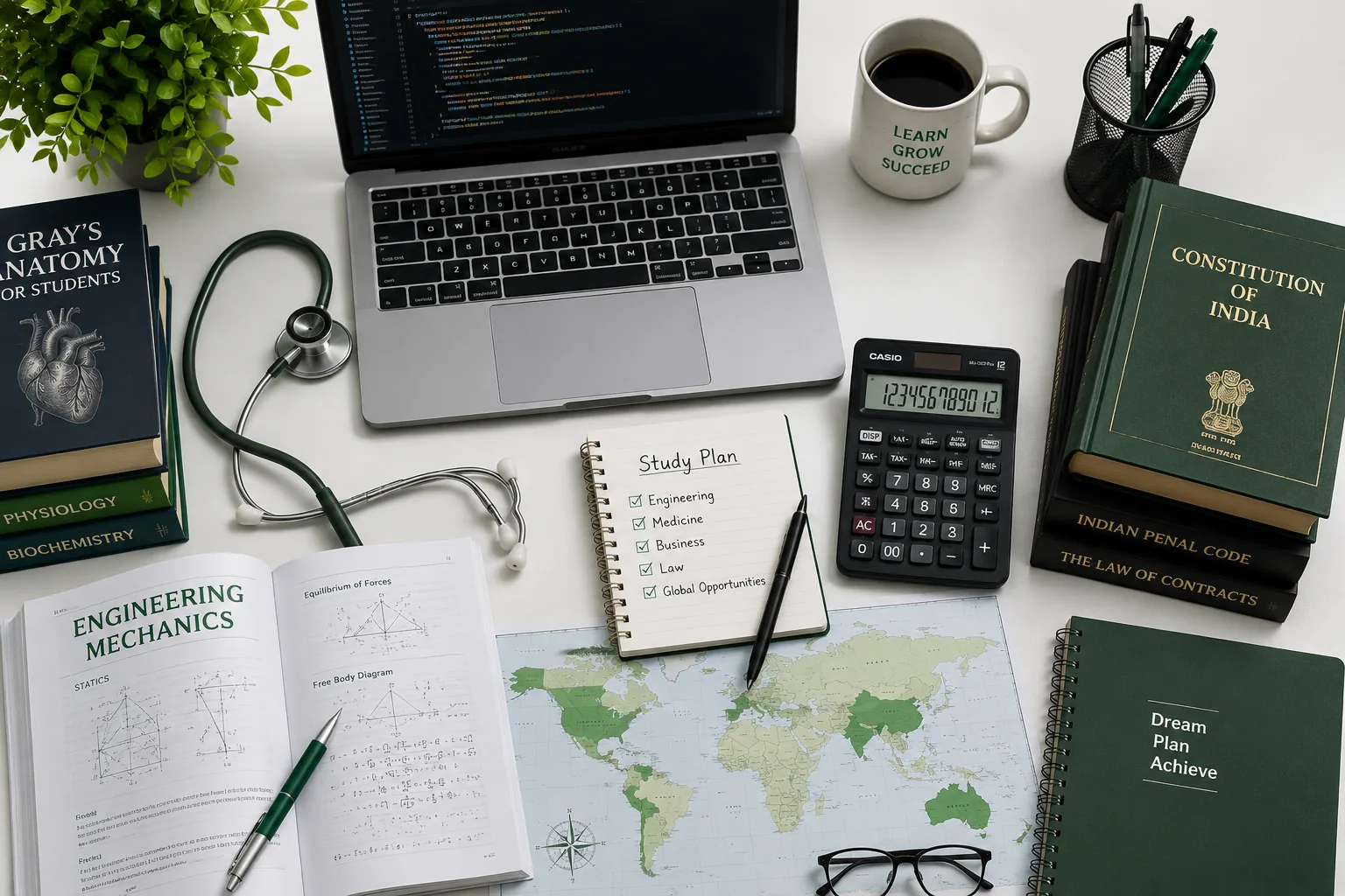 Study desk with engineering, medicine, business and law textbooks plus laptop and world map for course selection