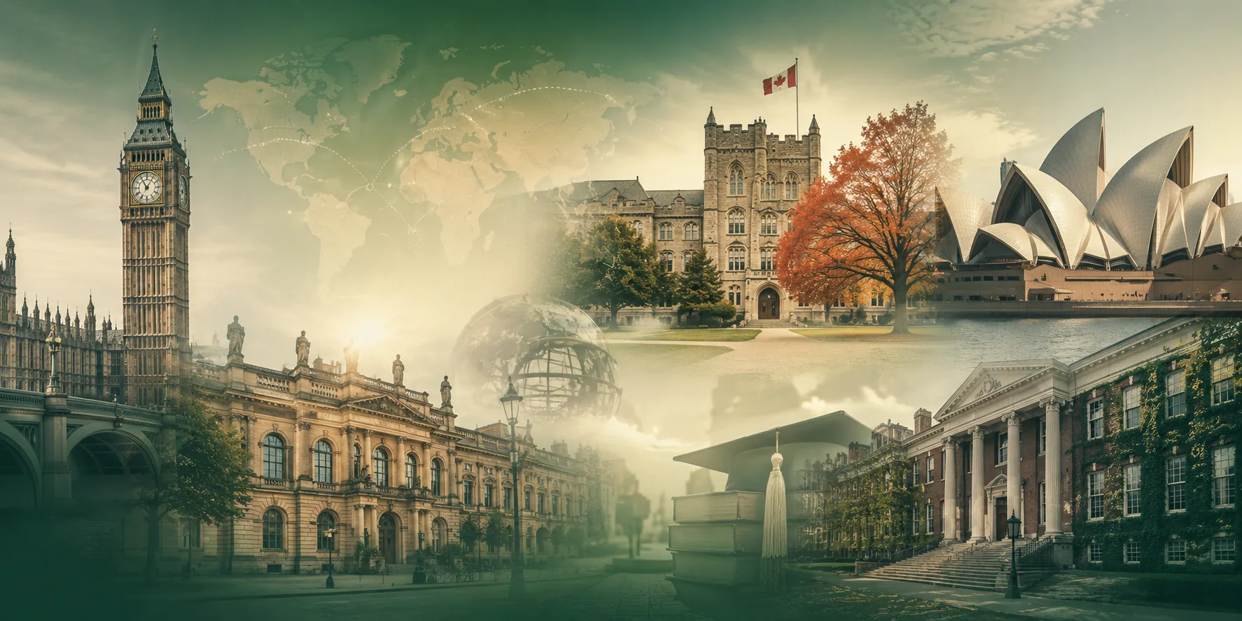 Global study destinations collage featuring Big Ben London, Canadian university, Sydney Opera House and Ivy League campus